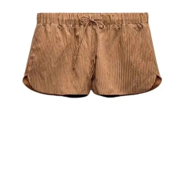 New Zara Striped High Waist Elastic Waistband Brown/Cream Boxer Shorts Medium - Picture 5 of 12